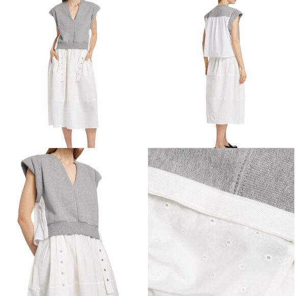 3.1 Phillip Lim Rolled Sleeve Mix Media Eyelet Tiered Cotton Midi Dress Size L - Picture 15 of 16